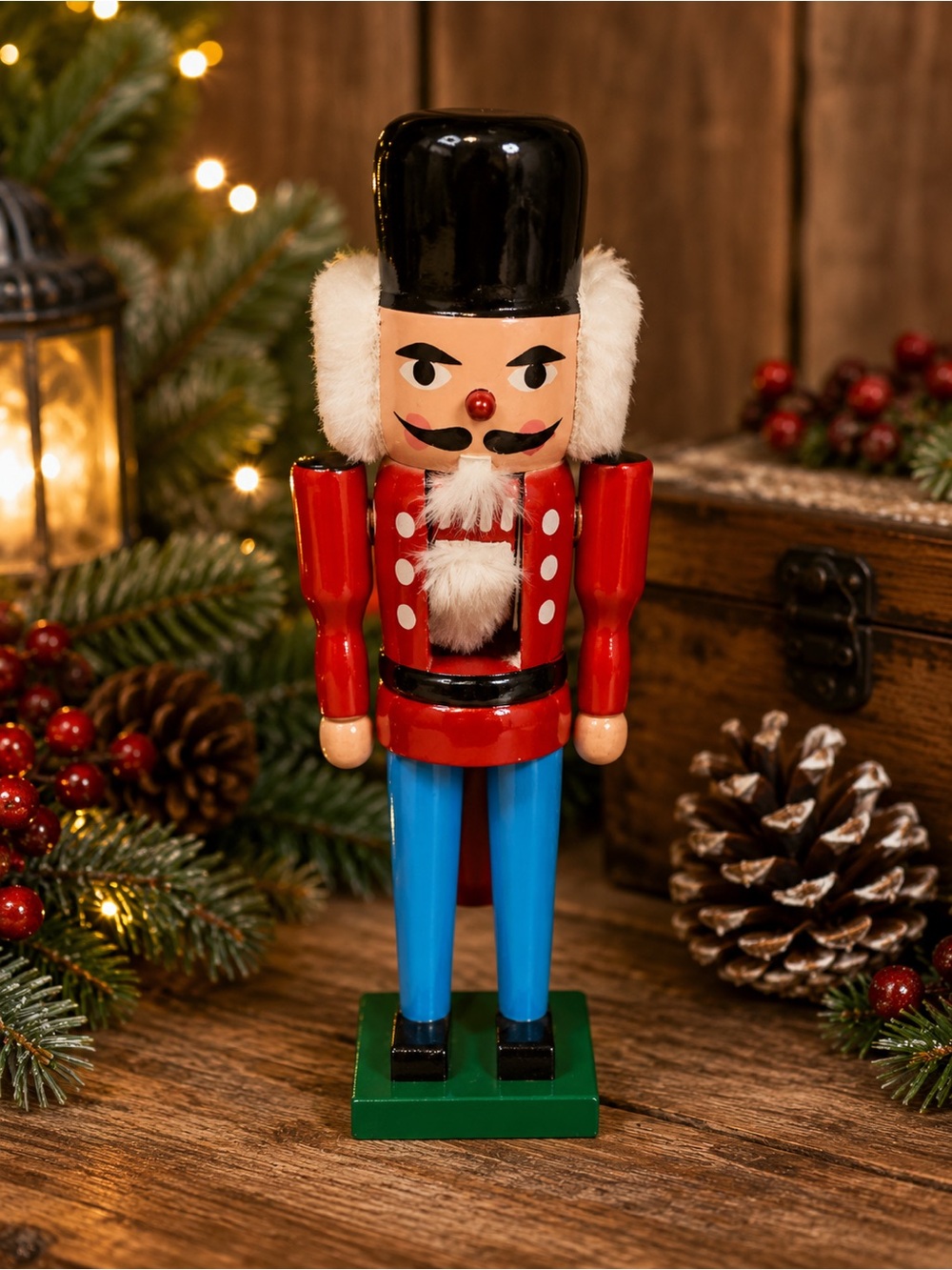 Vintage 9” Wooden Nutcracker Soldier Red Blue Hand Painted Christmas Decor